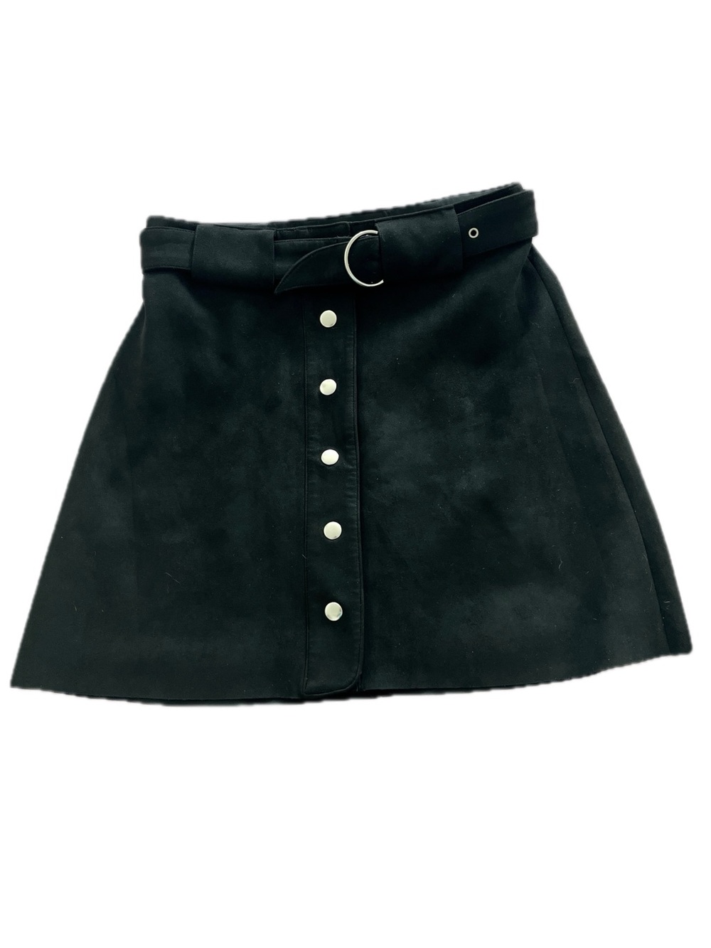 Lily Black Faux Suede Mini Skirt with Ring Belt & Snap Trim SzXXS/XS/S